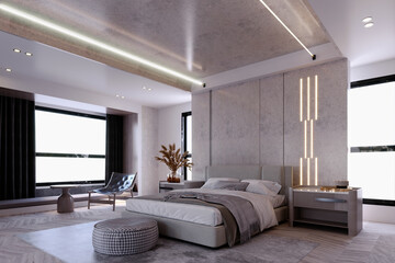 3d rendering,3d illustration, Interior Scene and  Mockup,bedroom interior render modern style,wall decoration.