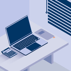 computer and calculator on the desk. laptop by the window. laptop and calculator with flat vector illustration. flat isometric vector illustration.
