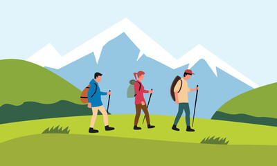 Obraz na płótnie Canvas walking and hiking hiker outdoor activity vector with backpack mountains background