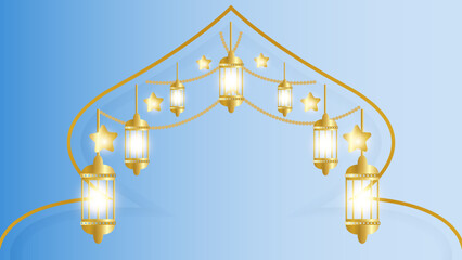Eid Mubarak with illuminated lamp. Light blue vector Illustration.