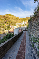 Fototapeta na wymiar Pathway and Apartment homes in touristic town, Manarola, Italy. Cinque Terre National Park