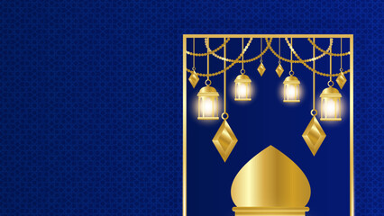 Aam Hijri Mubarak. Happy Islamic New Year. Blue background design with hanging traditional lantern lamp vector illustration.