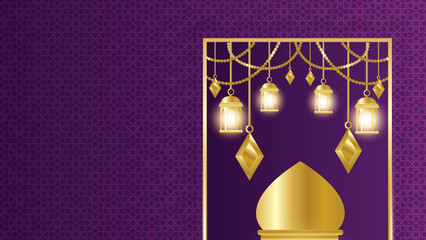 Aam Hijri Mubarak. Happy Islamic New Year. Purple background design with hanging traditional lantern lamp vector illustration.