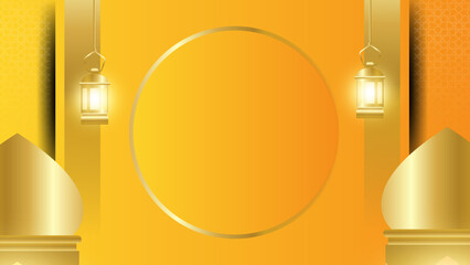 Aam Hijri Mubarak. Happy Islamic New Year. Yellow background design with hanging traditional lantern lamp vector illustration.