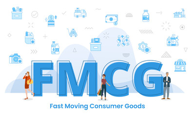 fmcg fast moving consumer goods concept with big words and people surrounded by related icon spreading - obrazy, fototapety, plakaty