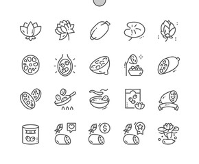 Lotus eating. Lotus root vegetable and slice. Cooking, recipes and price. Menu for cafe. Lotus root chips. Pixel Perfect Vector Thin Line Icons. Simple Minimal Pictogram