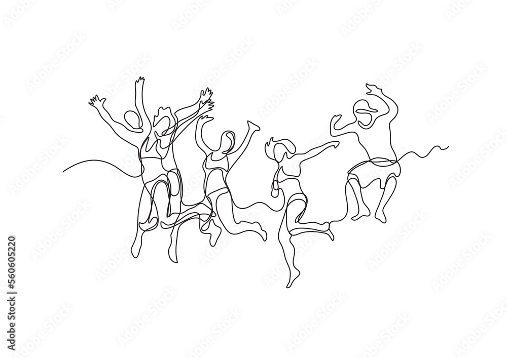 Poster continuous line drawing happy jumping guys - png image with transparent background