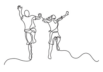 continuous line drawing happy jumping couple - PNG image with transparent background