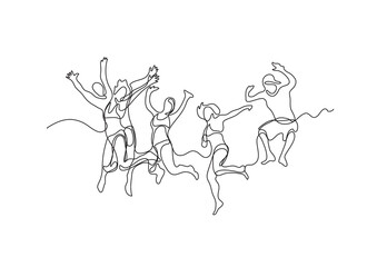 Fototapeta na wymiar continuous line drawing happy jumping guys - PNG image with transparent background