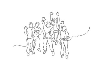 Fototapeta na wymiar continuous line drawing happy jumping people - PNG image with transparent background