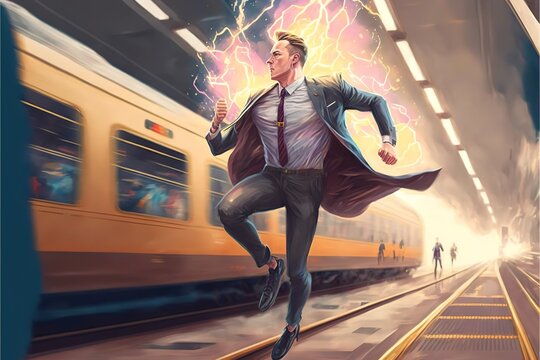 Superhero Man with super speed overtakes train