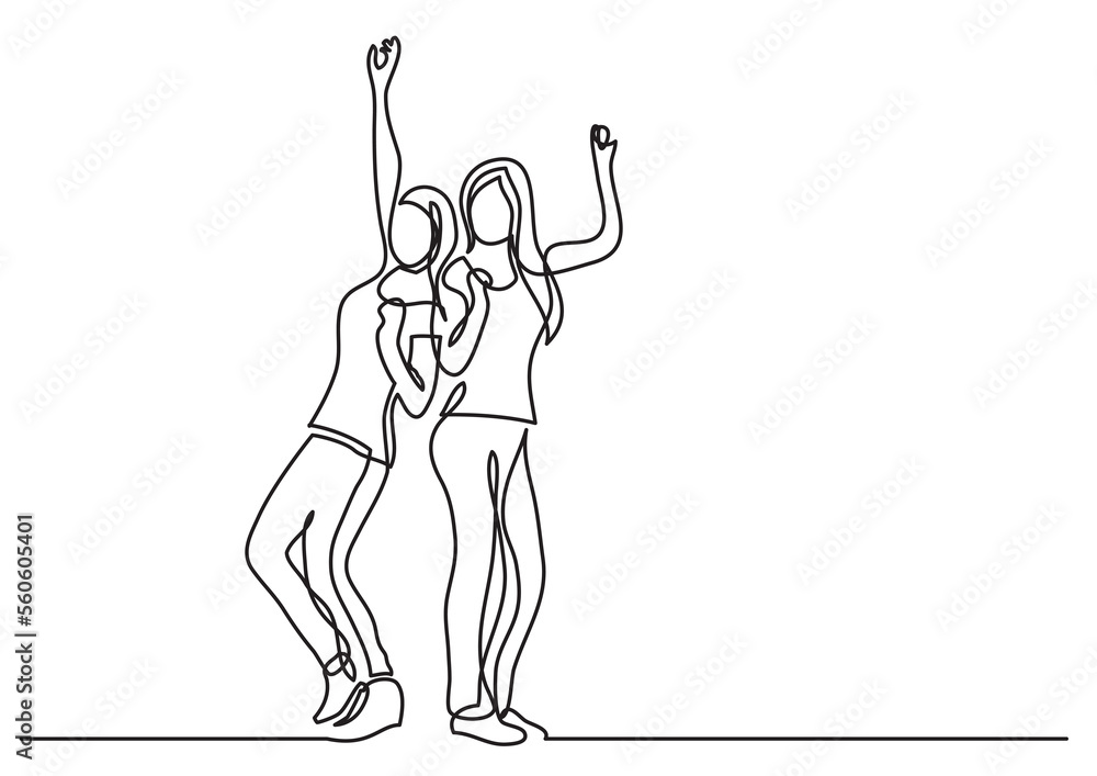 Poster continuous line drawing two cheering happy friends - png image with transparent background