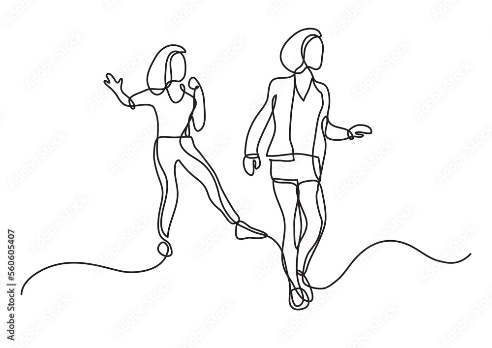 Poster continuous line drawing two girls having fun - png image with transparent background