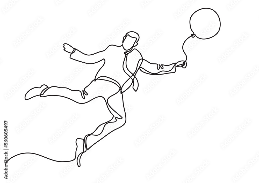Poster single line drawing businessman flying with balloon - png image with transparent background