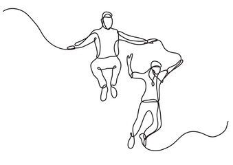 continuous line drawing two jumping teenagers - PNG image with transparent background
