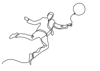 single line drawing businessman flying with balloon - PNG image with transparent background