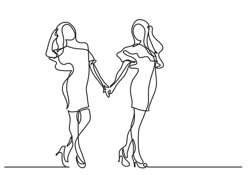 continuous line drawing two happy standing young women - PNG image with transparent background