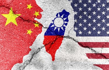 trade war. Flag of the People's Republic of China. Flag of the United States. Taiwan flag