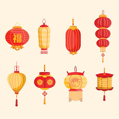 Fototapeta na wymiar Asian cartoon Lantern concept icon set. Chinatown and Chinatown festival paper lantern element vector illustration on white background.
