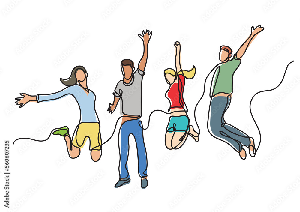Poster continuous line drawing four jumping happy team members colored - png image with transparent backgro