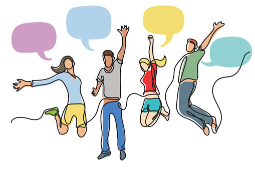 continuous line drawing four jumping happy team members speech bubbles colored - PNG image with transparent background