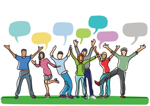continuous line drawing happy cheerful crowd of people speech bubbles colored - PNG image with transparent background