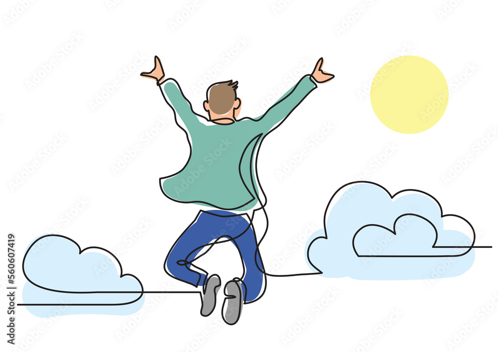 Poster one line drawing happy man jumping higher clouds colored colored - png image with transparent backgr