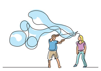 one line drawing couple making soap bubbles colored colored - PNG image with transparent background