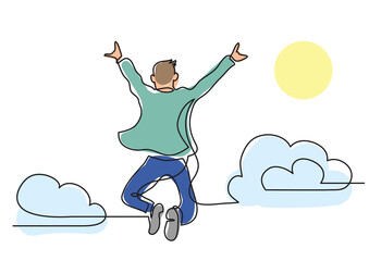 one line drawing happy man jumping higher clouds colored colored - PNG image with transparent background
