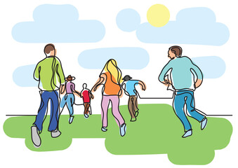 one line drawing happy people running colored colored - PNG image with transparent background