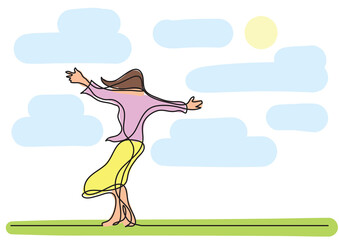 one line drawing woman standing on wind colored colored - PNG image with transparent background