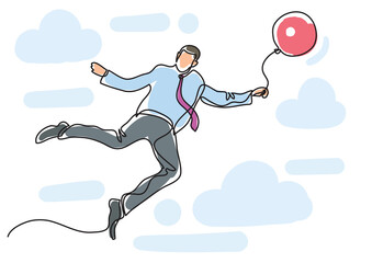 single line drawing businessman flying with balloon colored 3 colored - PNG image with transparent background