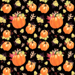 Autumn leaf and pumpkins seamless pattern isolated on dark. Watercolor hand drawn illustration. Art for design