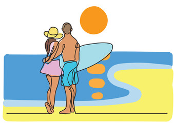 single line drawing young couple standing on beach with surfboard colored colored - PNG image with transparent background