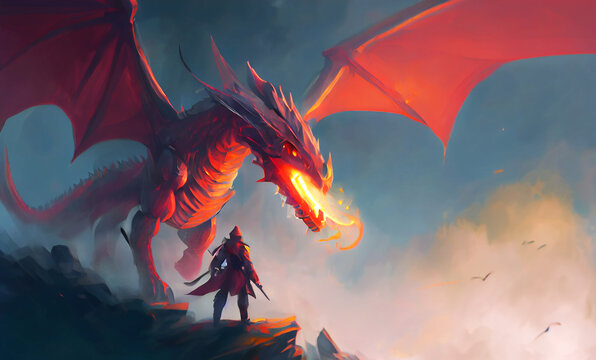 Fire Dragon with Knight army fantasy black winged dragon illustration, Fire breathes explode from a giant red dragon on a knight, the epic battle fantasy game.3d digital.	
