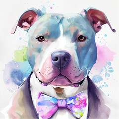 A gentleman pitbull with a suit on the white background. Animal dog illustration.Graphic puppy dog cartoon for greeting card, portrait head pitbull with suits fashion. puppy pop.Generative Ai