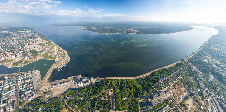 Cheboksary, Russia. Panorama of the city from the air. Cheboksary Bay. Volga River. Sunny day. Aerial view © nikitamaykov