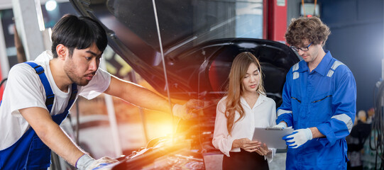 Double exposure image, Man garage worker and woman customer talking to discuss the details of car...