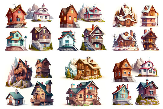  Wooden houses, cartoon isolated on white background. Created with Artificial intelligence.