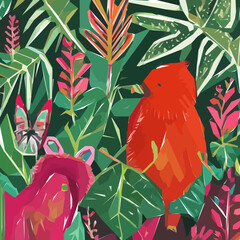 Red bird, flowers, leaf, branch. Hand drawn floral watercolor vector illustration. Vector background for design.
