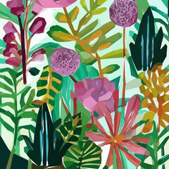 Flower, leaf, jungle on light background. Hand drawn floral watercolor vector illustration. Vector background for design.