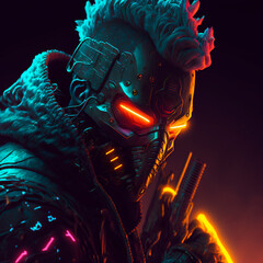 cyberpunk man with a neon l.e.d mask holding a gun. glowng, dark theme, high quality - obrazy, fototapety, plakaty