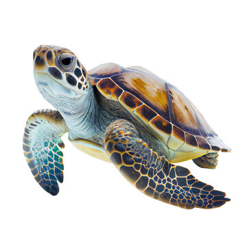 Sea turtles are swimming on a transparent background.