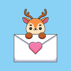 cute deer holding a love letter cartoon mascot doodle art hand drawn outline concept vector kawaii icon illustration
