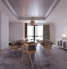 3d rendering,3d illustration, Interior Scene and  Mockup,dining room scandinavian style wooden furniture,sitting area by the window.