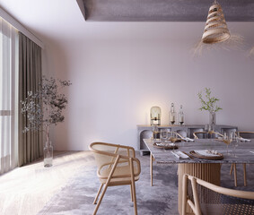 3d rendering,3d illustration, Interior Scene and  Mockup,dining room scandinavian style wooden furniture,sitting area by the window.