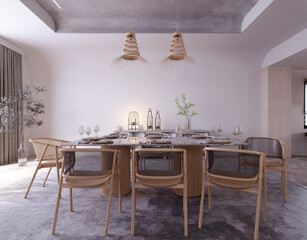 3d rendering,3d illustration, Interior Scene and  Mockup,dining room scandinavian style wooden furniture,sitting area by the window.