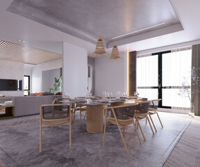 3d rendering,3d illustration, Interior Scene and  Mockup,dining room scandinavian style wooden furniture,sitting area by the window.