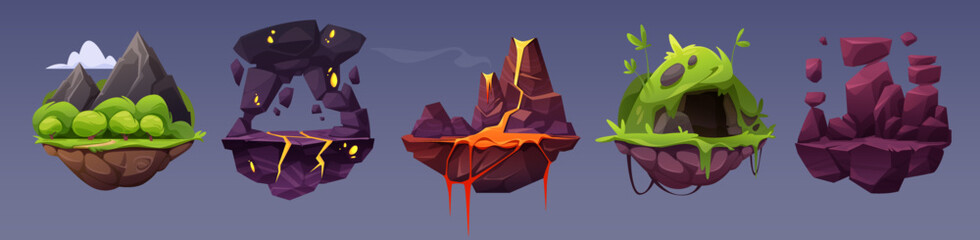 Fantastic flying land platforms for game ui design. Vector cartoon illustration of islands decorated with lifeless rocks and mountains among green plants, soil with cave, volcanoes with hot fiery lava