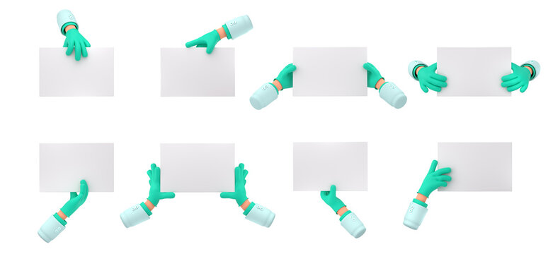 3D illustration set of doctor hands in green medical gloves with blank banner templates isolated on white background. Medicine student, therapist, dentist, pediatrician showing clinic services ad